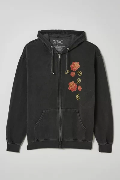 Urban Outfitters Tupac Roses Washed Full Zip Hoodie Sweatshirt In Washed Black