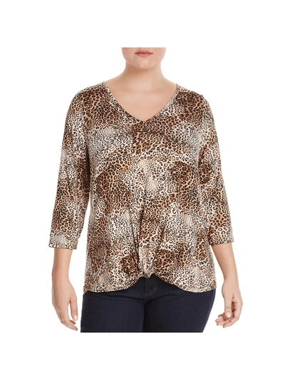 Status By Chenault Plus Womens Animal Print Knot-front T-shirt In Brown