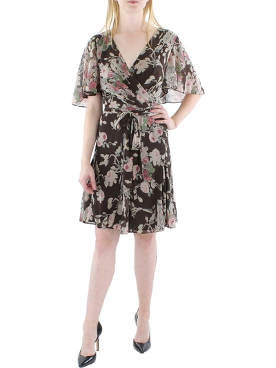 Lauren Ralph Lauren Georgette Womens Surplice Mini Fit & Flare Dress In Brown