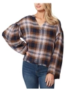 JESSICA SIMPSON WOMENS PLAID NOTCH-NECK PULLOVER TOP