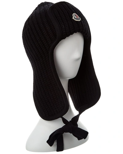 Moncler Wool Ribbed Aviator Hat In Black