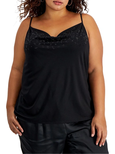 Bar Iii Plus Womens Embellished Drape Neck Shell In Black