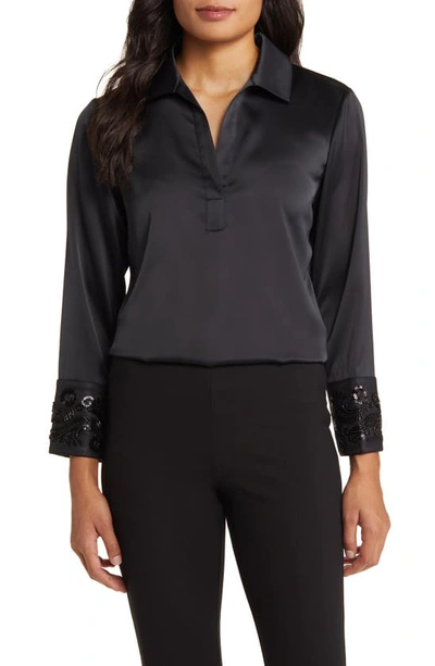 Anne Klein Embellished Cuff Satin Blouse In Black