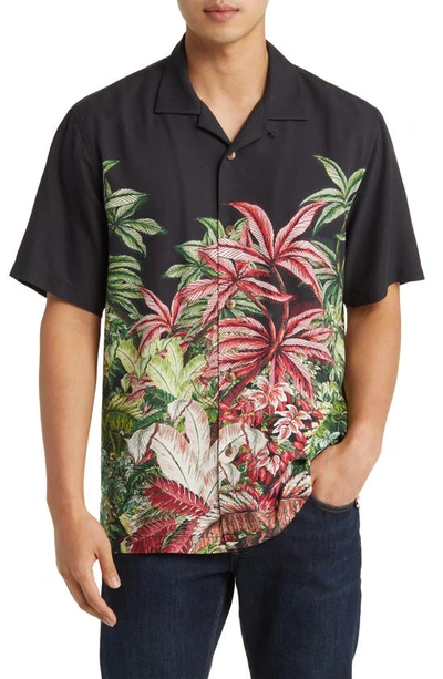 Tommy Bahama Midnight Haven Frond Print Short Sleeve Silk Button-up Shirt In Black