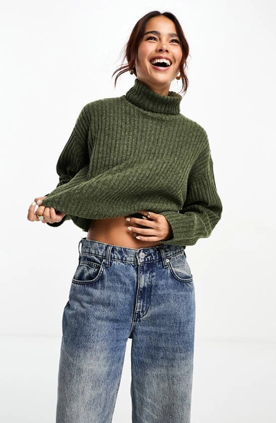 Asos Design Boxy Rib Turtleneck Sweater In Khaki