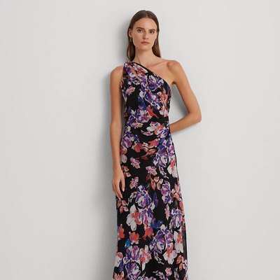 Lauren Ralph Lauren Floral Georgette One-shoulder Dress In Black/purple/multi