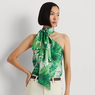 Lauren Petite Print Charmeuse Tie-neck Halter Blouse In Green Multi