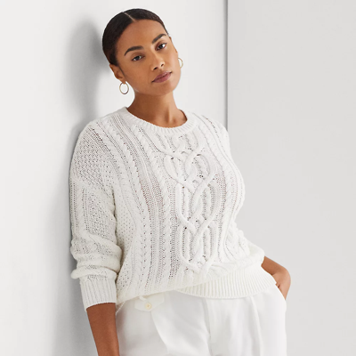 Lauren Woman Cable-knit Cotton Crewneck Sweater In White