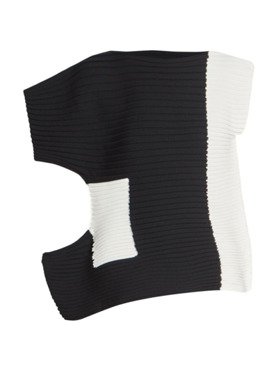 Issey Miyake Rectilinear Asymmetric Ribbed Sweater In White X Black