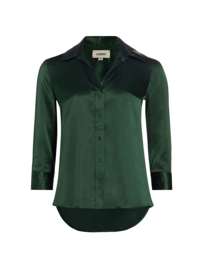 L Agence Dani Silk Satin 3/4-sleeve Button-down Blouse In Green