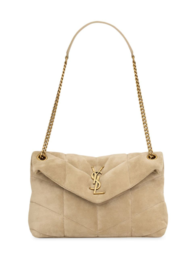 Saint Laurent Small Puffer Suede Shoulder Bag In Matte Gold