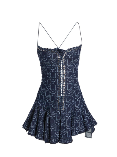 Ludovic De Saint Sernin Monogram Logo Denim Corset Minidress In Indigo Monogram