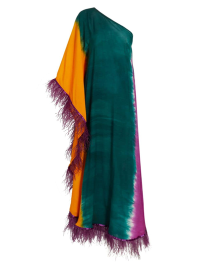 Busayo Feyida Dyed One-shoulder Feather-trim Kaftan Dress In Teal Multi