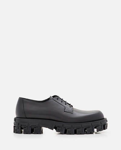 Versace Leather Derby Shoes In Black