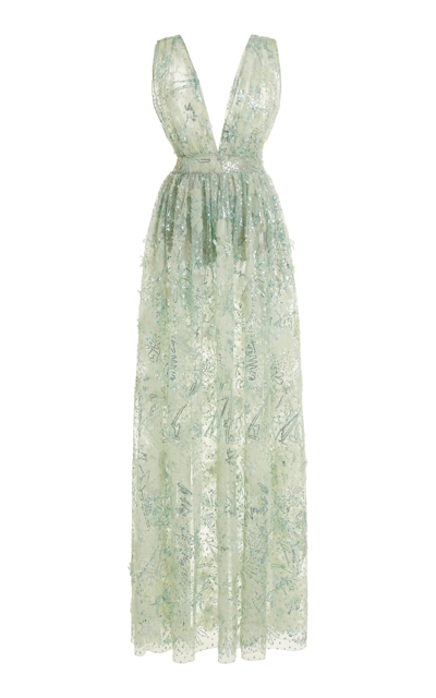 Zuhair Murad Embroidered Lace Maxi Dress In Green