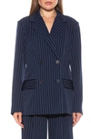 ALEXIA ADMOR INDIGO OVERSIZE PINSTRIPE DOUBLE BREASTED BLAZER