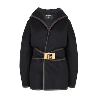 Balmain Belted-waist Wool Coat In Black