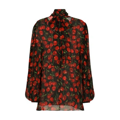 Dolce & Gabbana Cherry-print Chiffon Pussy-bow Blouse In Multicolor