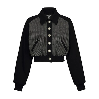 Balmain Logo Strass Embellished Crop Denim Bomber Jacket In Silver