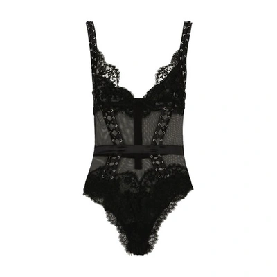 Dolce & Gabbana Floral-lace V-neck Body In Black