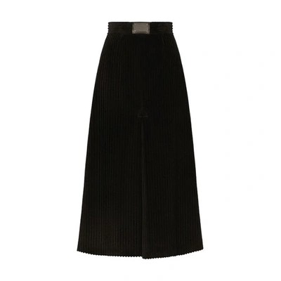 Dolce & Gabbana Long Corduroy A-line Skirt With Logo Tag In Ebony