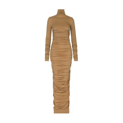 Dolce & Gabbana High-necked Jersey Wool Calf-length Dress In Beige