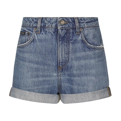 Dolce & Gabbana Logo-plaque Washed Denim Shorts In Combined_colour