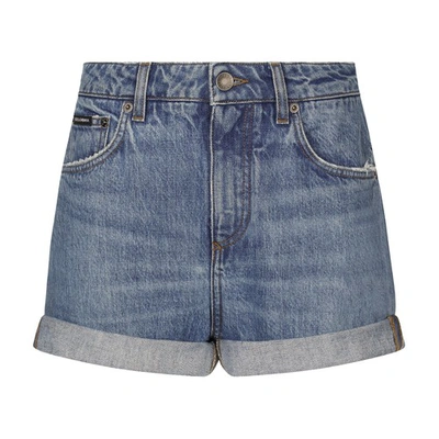 Dolce & Gabbana Logo-plaque Washed Denim Shorts In Blue
