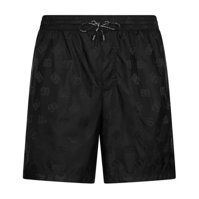 Dolce & Gabbana Mid-length Jacquard Swim Trunks With Dg Monogram In Black