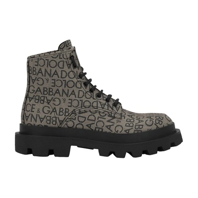 Dolce & Gabbana Ankle Boots In Coated Fabric With Logo In Brown_black