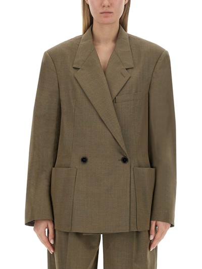 Lemaire Double-breasted Cotton Blazer In Khaki