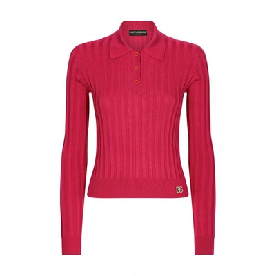 Dolce & Gabbana Cropped Polo Shirt In Ribbed Silk In Raspberry_rose