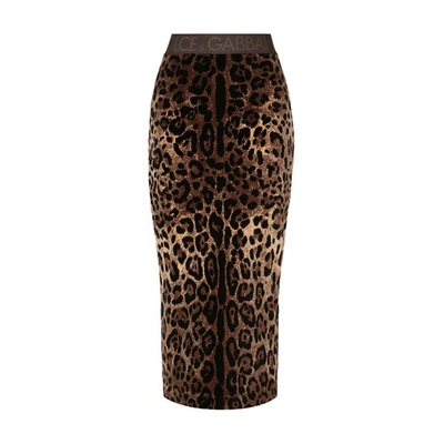 Dolce & Gabbana Chenille Calf-length Skirt With Jacquard Leopard Design In Brown