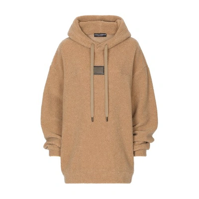 Dolce & Gabbana Wool Jersey Hoodie With Logo Tag In Beige