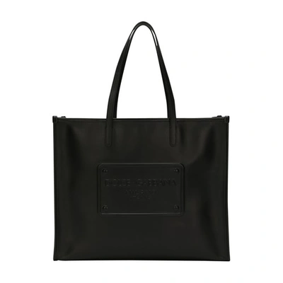 Dolce & Gabbana Calfskin Shopper With Raised Logo In Black