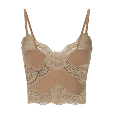 Dolce & Gabbana Wool Jersey Lingerie Crop Top With Lace Inlays In Beige