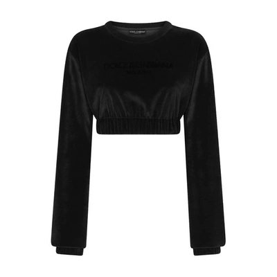 Dolce & Gabbana Cropped Chenille Sweatshirt With Carpet-stitch Embroidery In Black