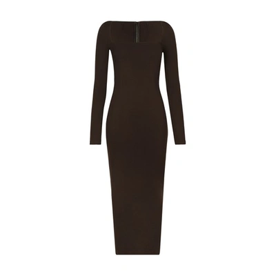 Dolce & Gabbana Technical Jersey Calf-length Dress In Brown
