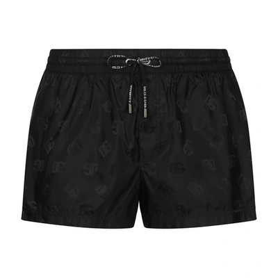 Dolce & Gabbana Short Jacquard Swim Trunks With Dg Monogram In Black