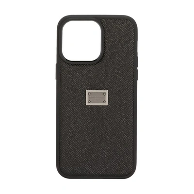 Dolce & Gabbana Calfskin Iphone 14 Pro Max Cover With Logo Tag In Black
