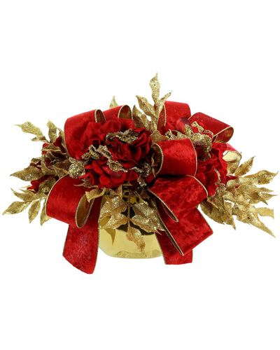 Creative Displays Red And Gold Hydrangea Holiday Arrangement With Bows In A Ceramic Container