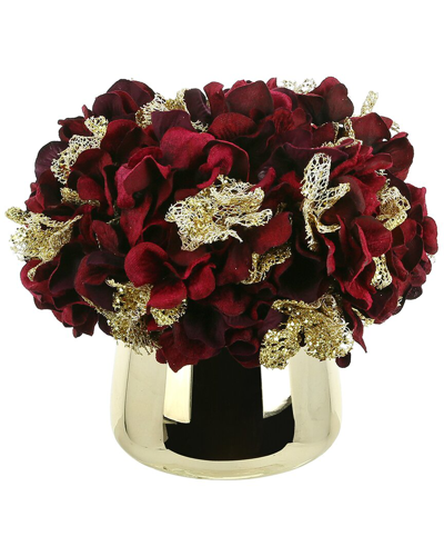 Creative Displays Burgundy And Gold Hydrangea Holiday Arrangement In A Glass Vase In Red