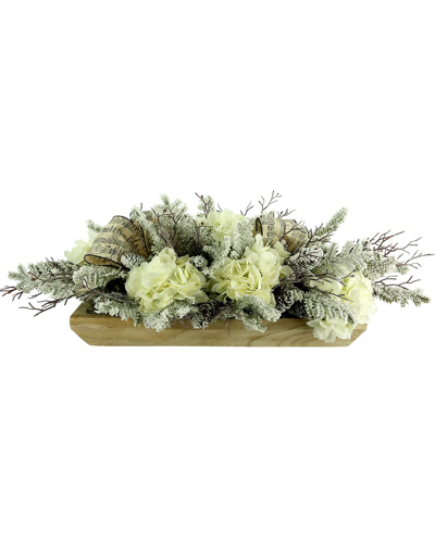 Creative Displays Hydrangeas And Snow Covered Pines With Music Bow Arranged In Wood Dough Bowl In Green