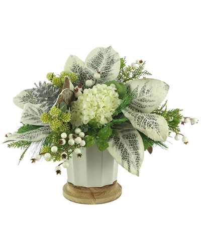 Creative Displays Hydrangea Holiday Arrangement With Magnolia Leaves And Berries In White