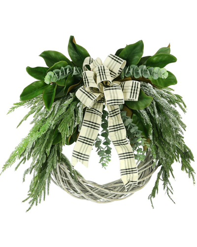 Creative Displays 28 Holiday Wreath With Snowy Pine Branches, Eucalyptus And Plaid Ribbon In White