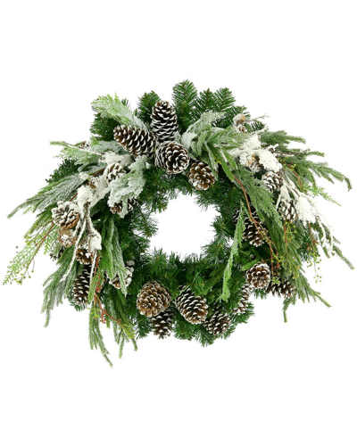 Creative Displays 26 Holiday Evergreen Wreath With Snowy Branches And Pinecones In White