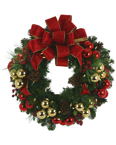 Creative Displays 26 Led Lit Evergreen Wreath With Berries, Balls, Red Bow