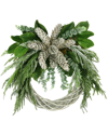CREATIVE DISPLAYS CREATIVE DISPLAYS 31 WOVEN WINTER WREATH WITH SNOWY EVERGREEN, EUCALYPTUS AND PINECONES