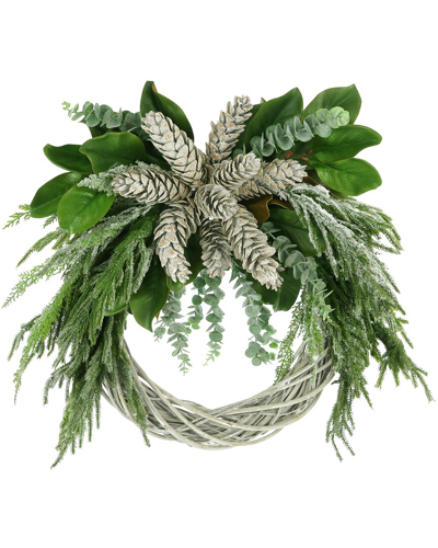Creative Displays 31 Woven Winter Wreath With Snowy Evergreen, Eucalyptus And Pinecones In Green