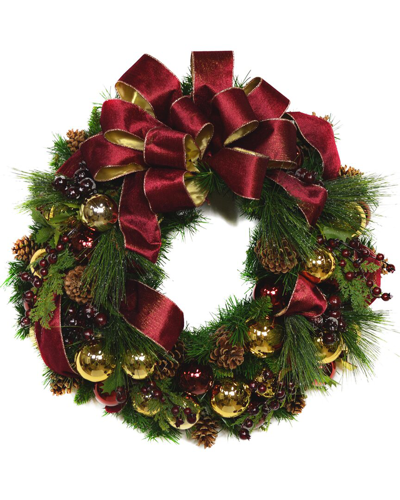Creative Displays 26 Evergreen Holiday Wreath With Berries, Ornaments And A Large Bow In Red